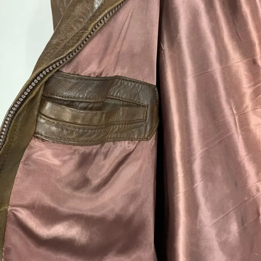 Vintage Grunge Brown Leather Bomber Jacket Sz 46 XL